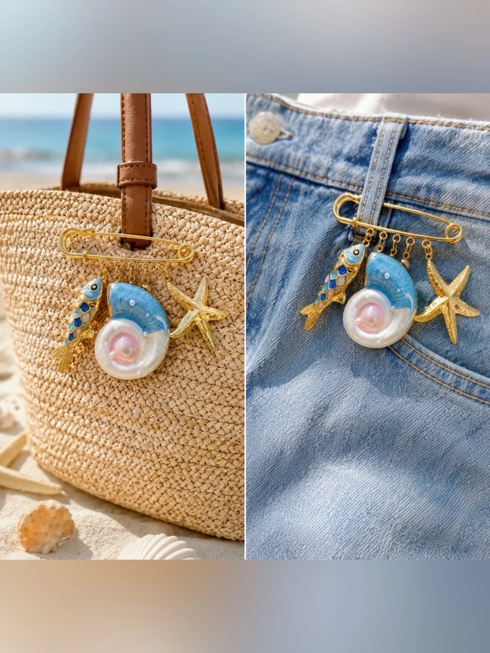 Coastal Charm Statement Brooch Pin  Fish, Shell & Starfis